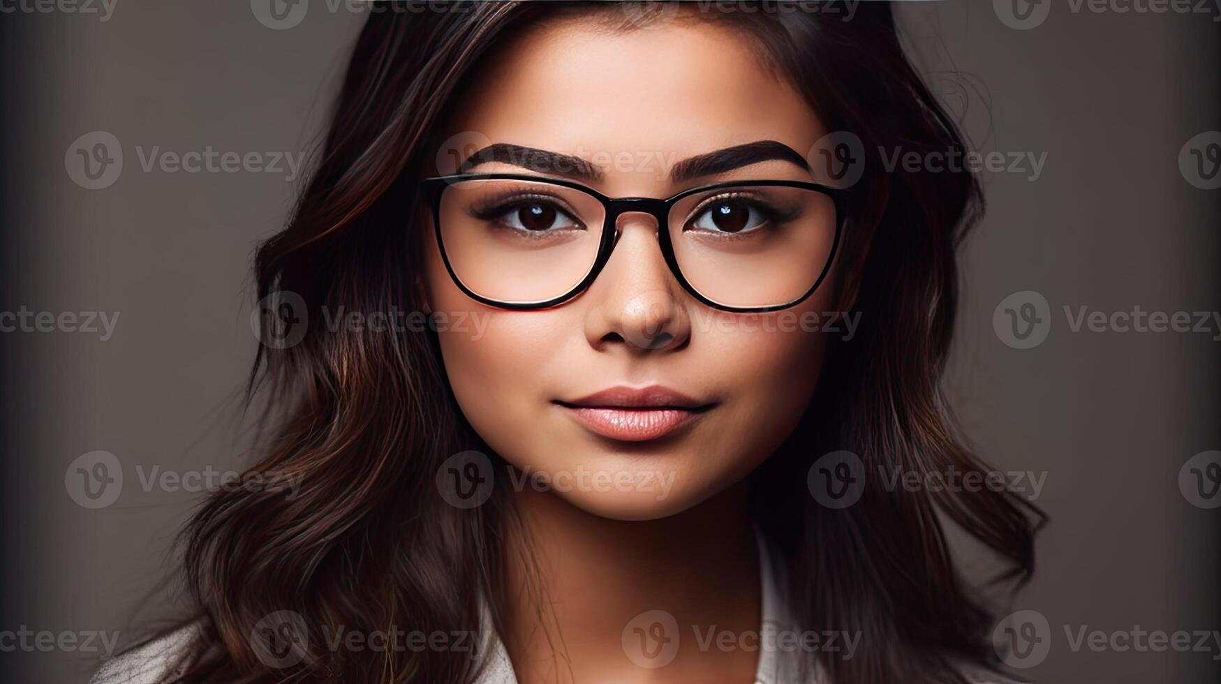 a woman wearing glasses and a white shirt photo