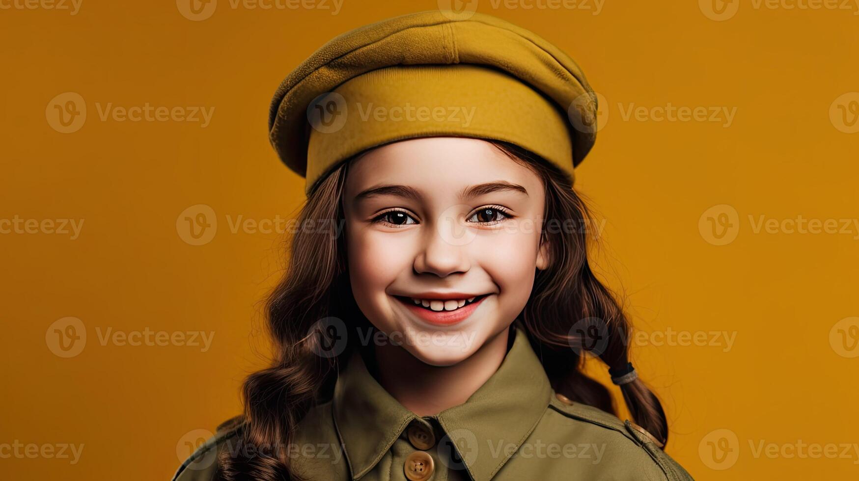 un pequeño niña en un sombrero y uniforme ai generativo foto