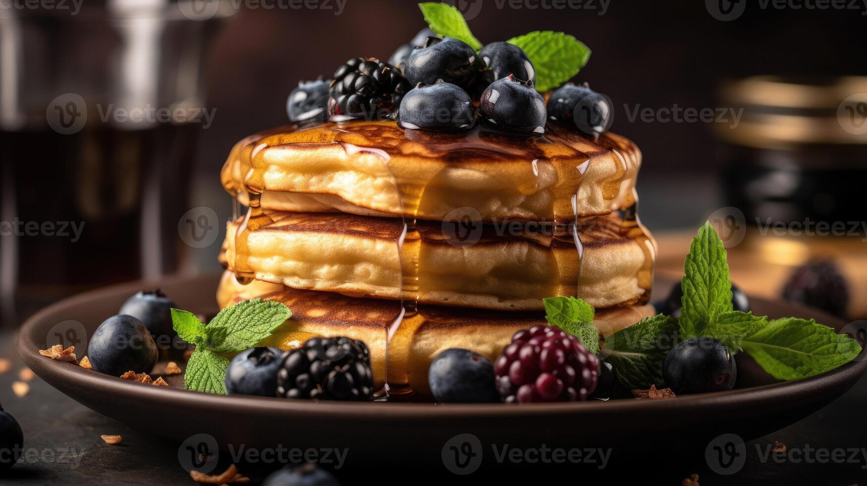 Stack of pancakes with fresh blueberry, raspberry and blackberry on brown plate photo