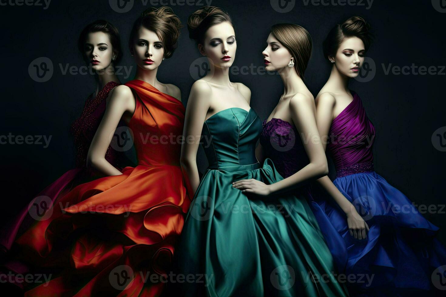 cinco mujer en vistoso vestidos posando para el cámara ai generativo foto