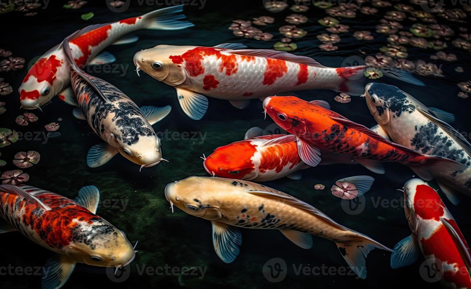 Koi fish colorful swim on the pond black background photo