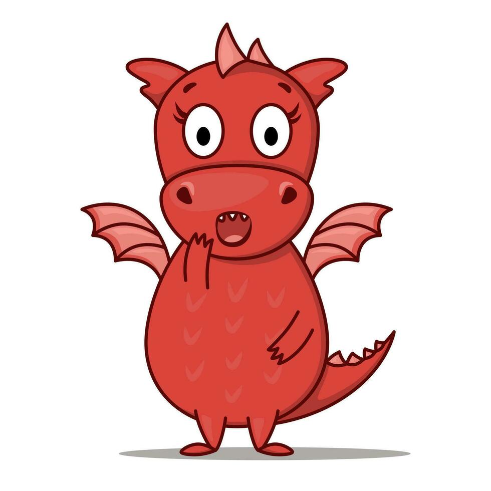 Dragon cartoon character. Cute surprised red dragon. Sticker emoticon with surprise emotion. Vector illustration on white background
