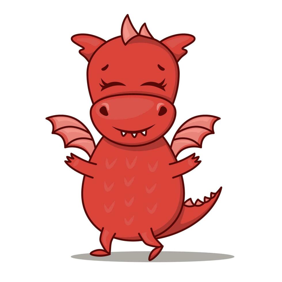 Dragon cartoon character. Cute hugging red dragon. Sticker emoticon with hug emotion. Vector illustration on white background