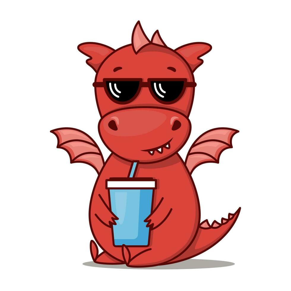 Dragon cartoon character. Cute red dragon with sunglasses drinks soda. Sticker emoticon with cool emotion. Vector illustration on white background