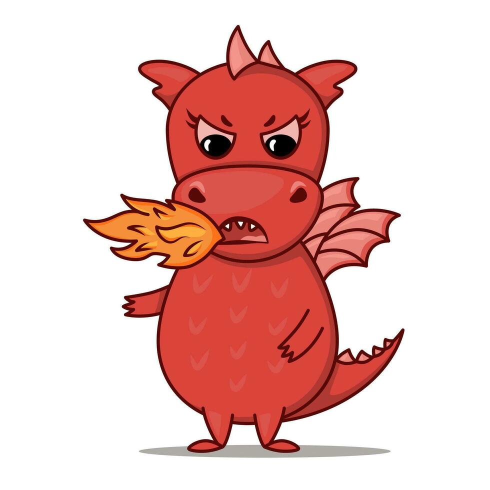 Dragon cartoon character. Cute red dragon fire breathing. Sticker emoticon with angry emotion. Vector illustration on white background