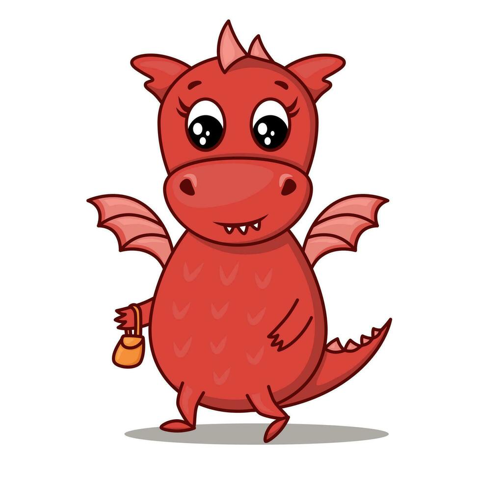 Dragon cartoon character. Cute red dragon walking. Sticker emoticon with positive emotion. Vector illustration on white background