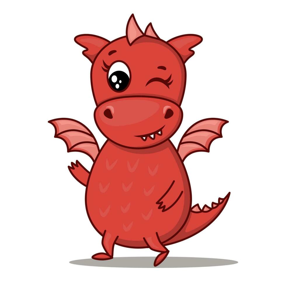 Dragon cartoon character. Cute winking red dragon. Sticker emoticon with winking, joke, flirtation, hidden meaning, general positivity. Vector illustration on white background