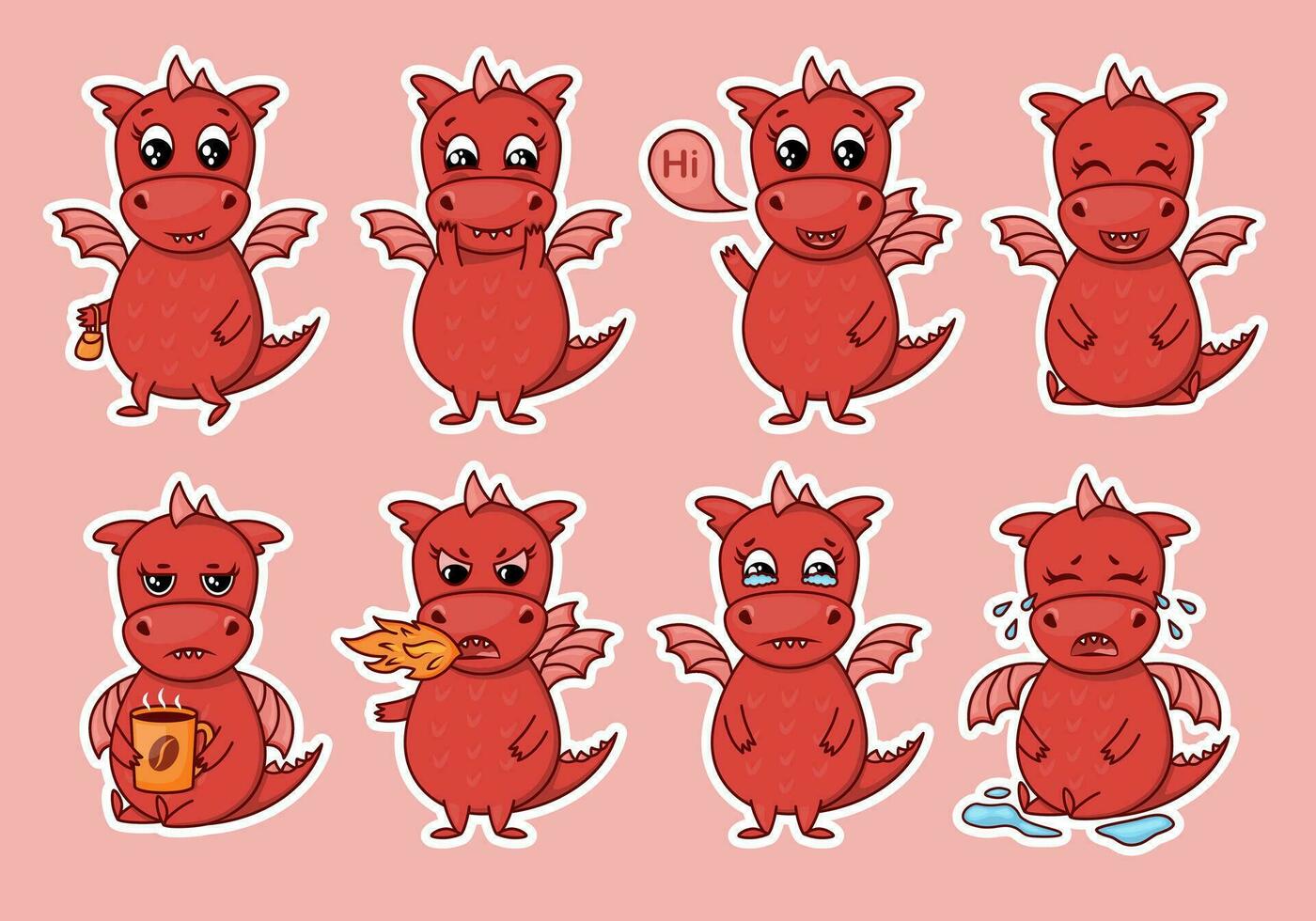 Dragon cartoon character. Cute red dragon sticker emoticon with different emotions. Vector illustration on white background