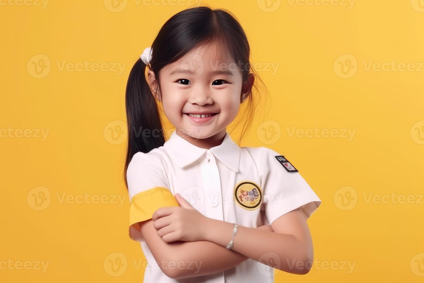 alegre asiático niña sonrisa y soportes en amarillo antecedentes ai generativo foto