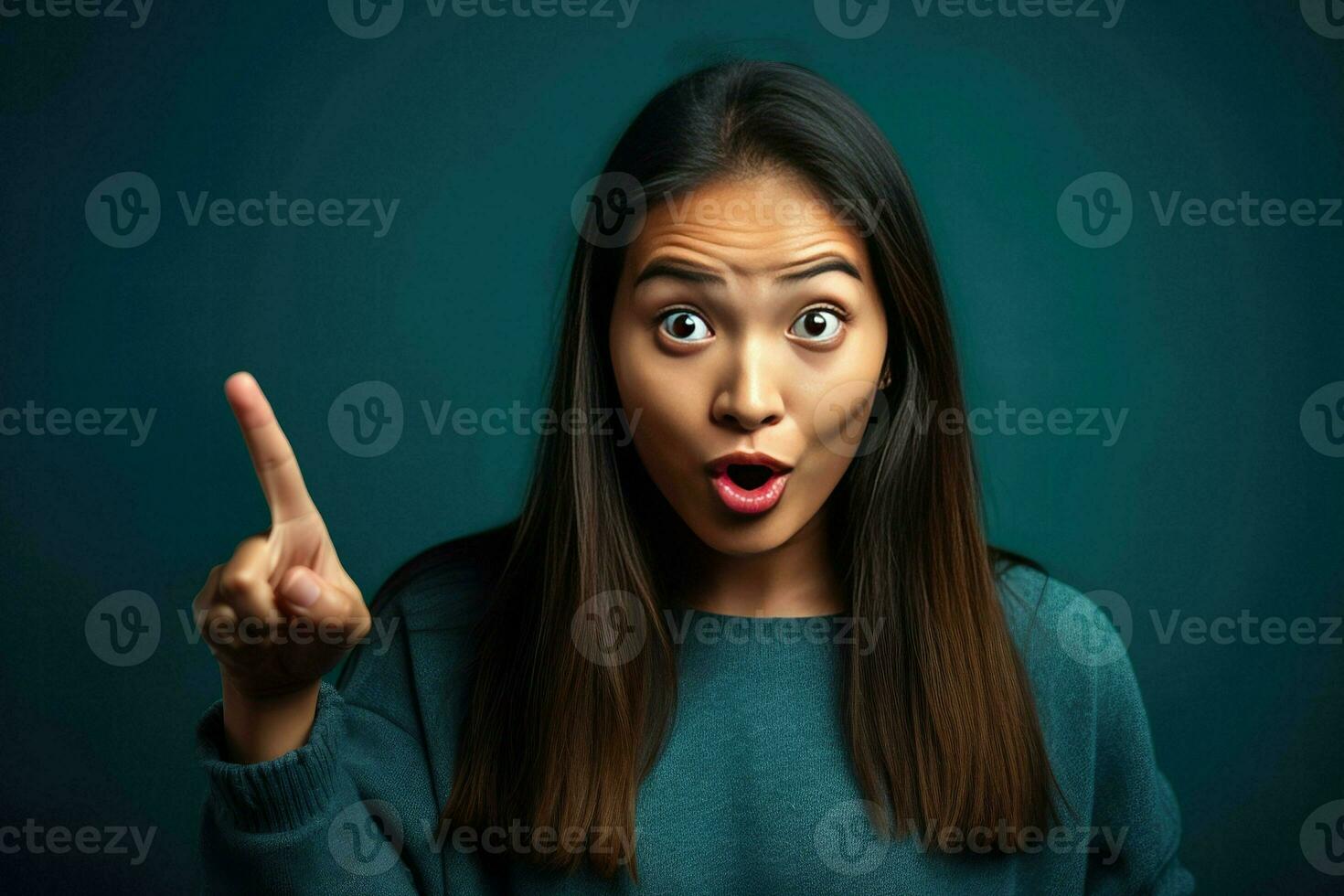 Surprised beautiful girl pointing finger over blue background AI Generative photo