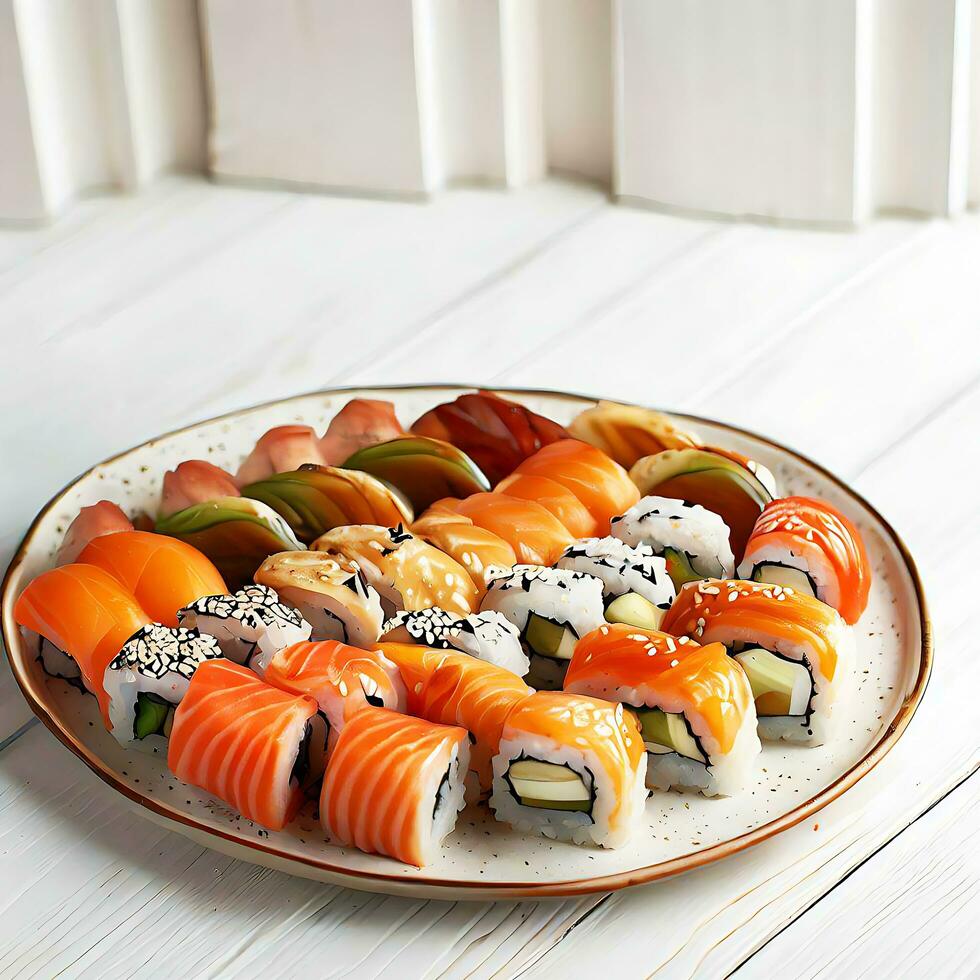 A plate of sushi rolls on a table, japanese food AI generated image photo