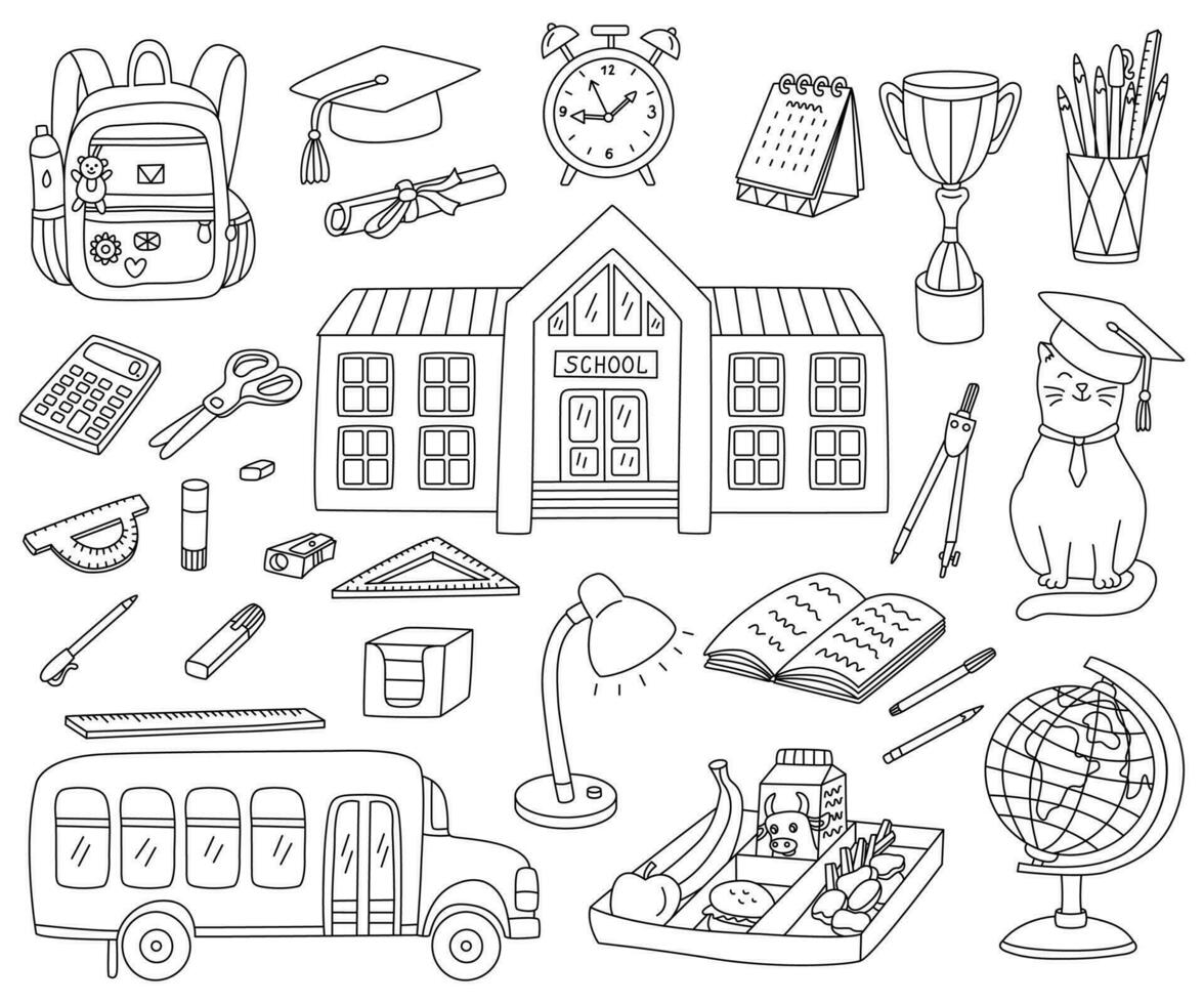 Back to school set with a bus, stationary, breakfast on a tray, backpack, alarm clock. Hand drawn doodle illustration, black outline. vector