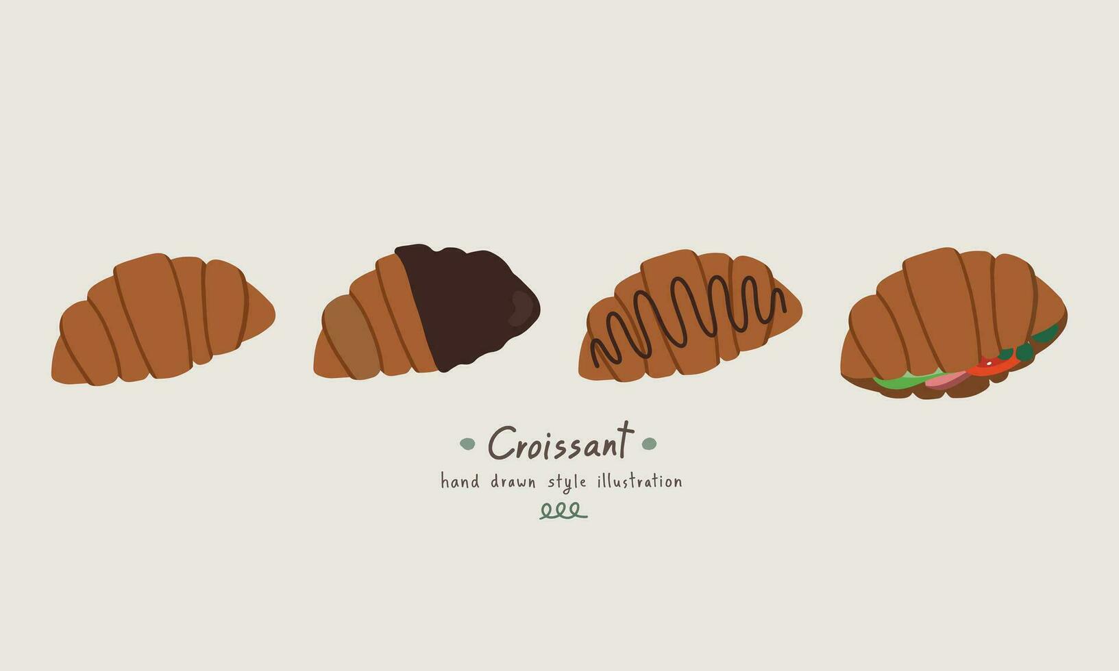 Hand drawn flat vector illustration of a set of assorted cafe element croissant pastry icon. Chocolate croissant and sandwich. For bakery menu, food design, sticker, graphic, print