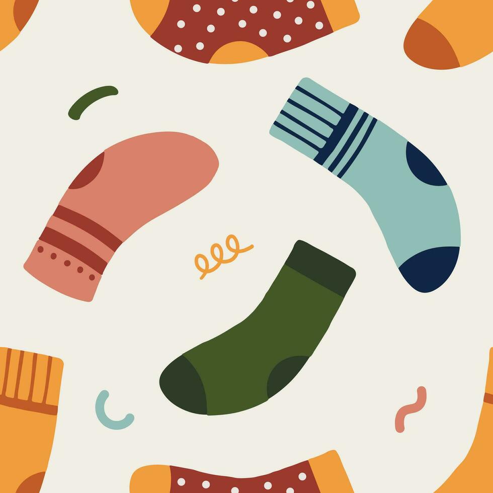 Hand drawn seamless pattern vector illustration of socks in different colors and style with confetti. Cute, winter holidays, bright modern concept. For wallpaper, texture, background, gift wrap, print