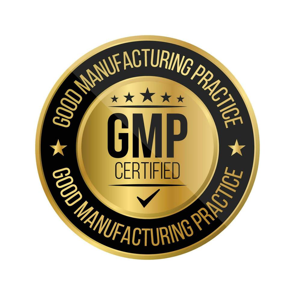 GMP Certified Badge, Good Manufacturing Practice Certified Stamp, GMP Approved Label, Packaging Design Elements, Supplement, GMP Quality Control, Medical And Health Design Element Vector Illustration