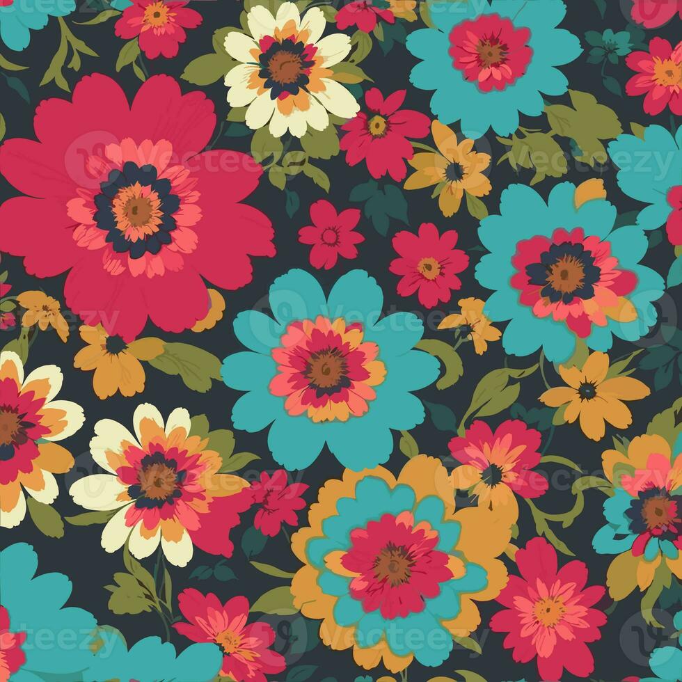Colorful floral print background. Flat abstract colorful flower pint pattern. Seamless floral pattern with bright colorful flowers pattern. Colorful flower texture background. photo