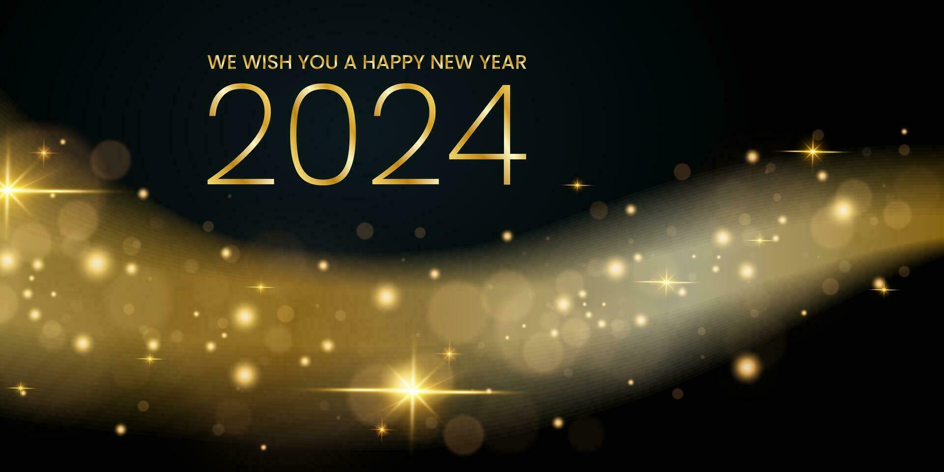 We wish you a Happy New Year 2024 shining sparkler abstract shiny and glitter effect on dark background. greeting card. vector