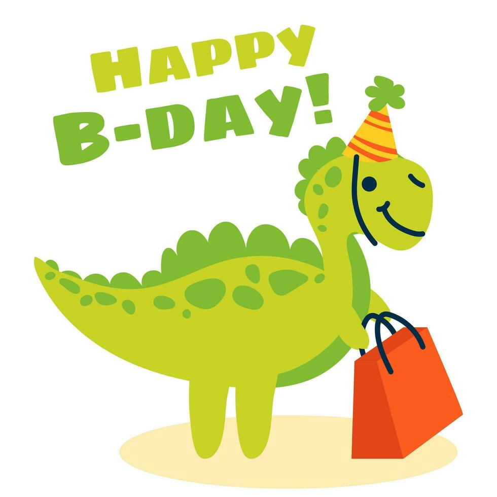 linda dibujos animados Spinosaurus en un festivo sombrero y un paquete de regalos. un plano ilustración de un para niños festivo dinosaurio. contento cumpleaños concepto. vector animal personaje es Perfecto para saludo tarjetas