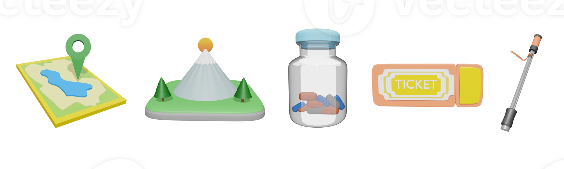 3d icono mundo turismo día colección prestados aislado en el transparente antecedentes. viaje mapa, montaña cima, medicina frasco, y trekking polo objeto para tu diseño. png