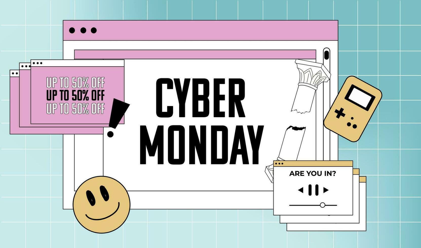 Retro hand-drawn Cyber Monday background. Y2k retro-style web banner. vector