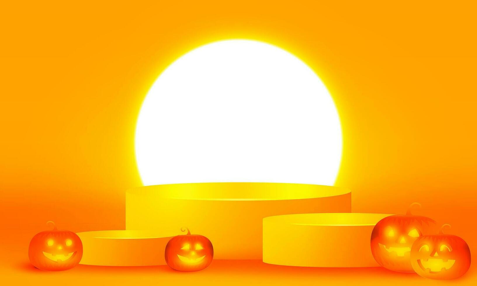 brillante estadio neón luces naranja Víspera de Todos los Santos podio fondo, púrpura podio Tres paso con calabaza gracioso cara para producto mostrar, vector ilustración