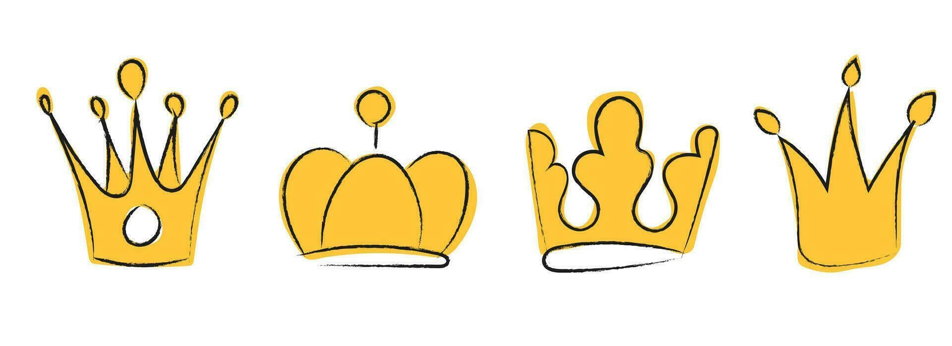 Hand drawn gold crowns logo set for queen icon, doodle princess diadem