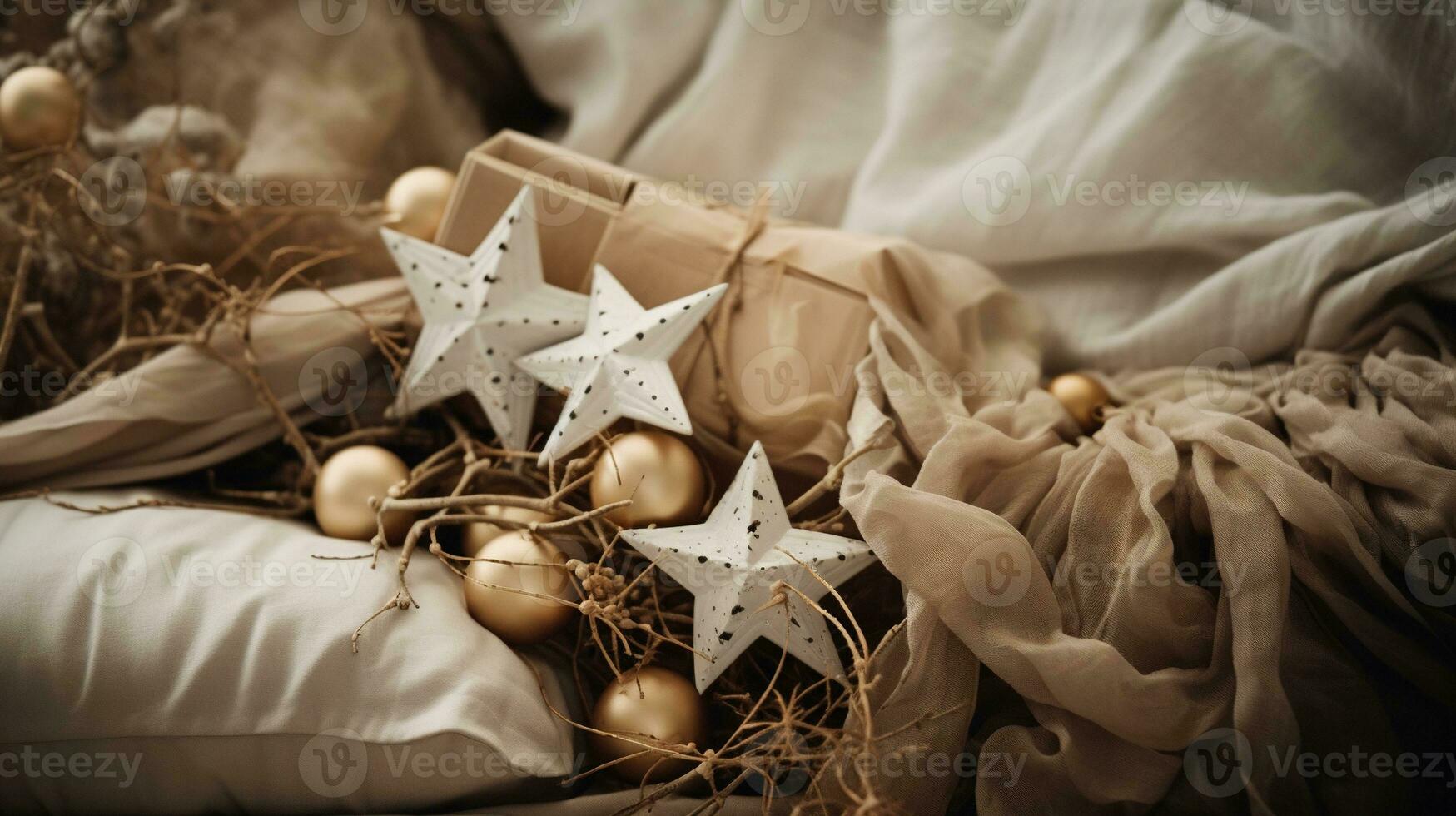Generative AI, Christmas home decoration close up, muted colors, holiday photorealistic aestethic background photo
