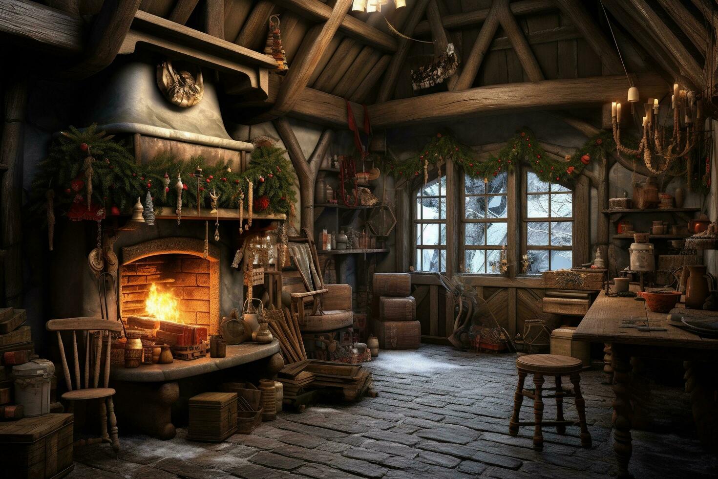 Generative AI, Christmas interior rural background, Santa Claus rustic workshop photo