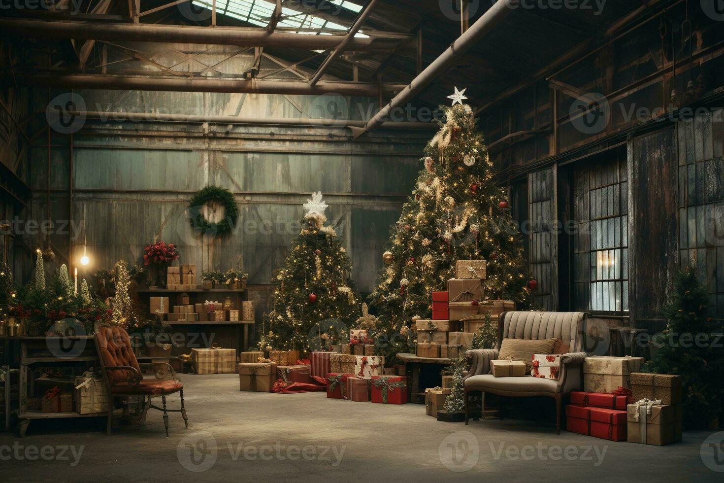 Generative AI, Christmas interior rural background, Santa Claus rustic workshop photo