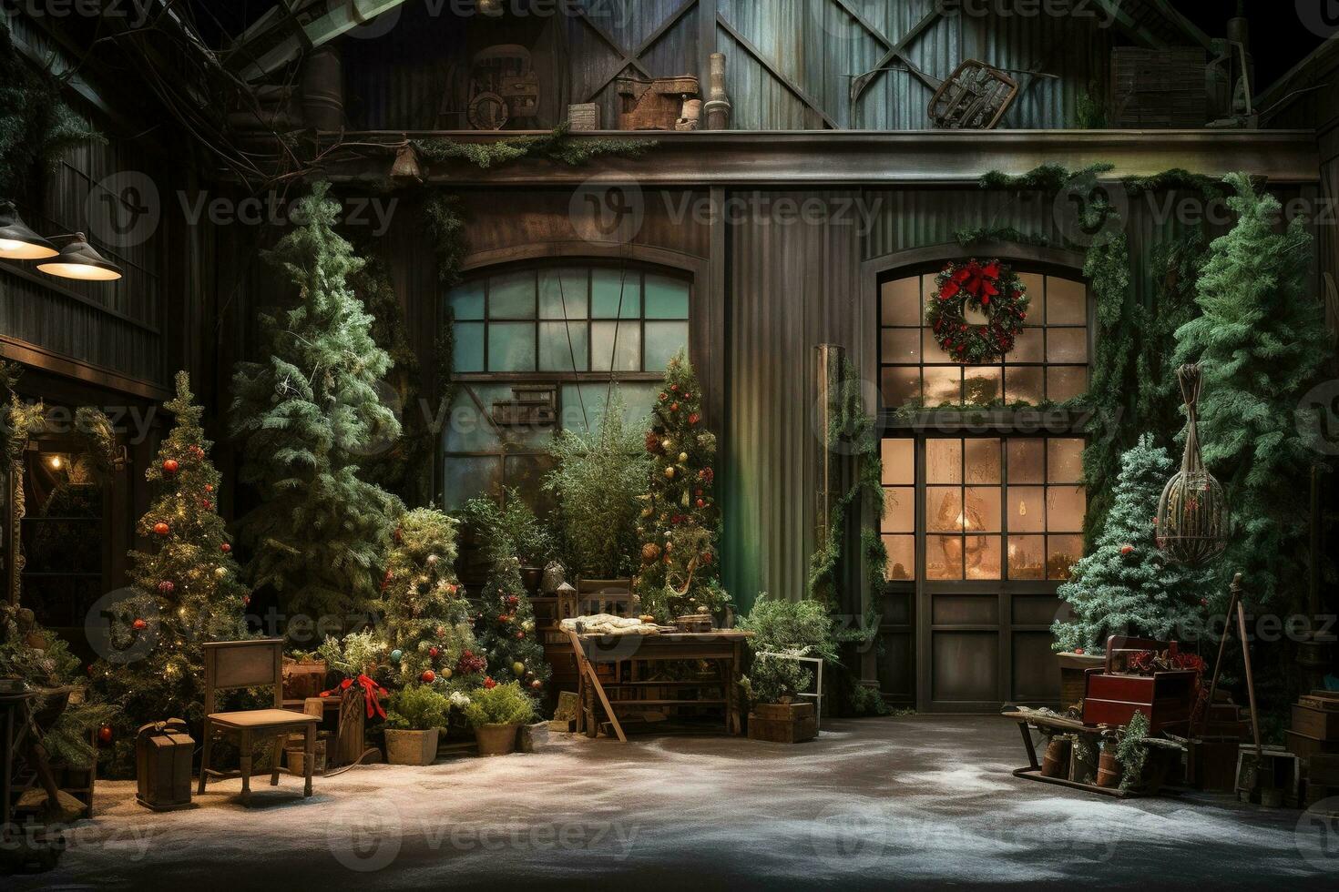 Generative AI, Christmas interior rural background, Santa Claus rustic workshop photo