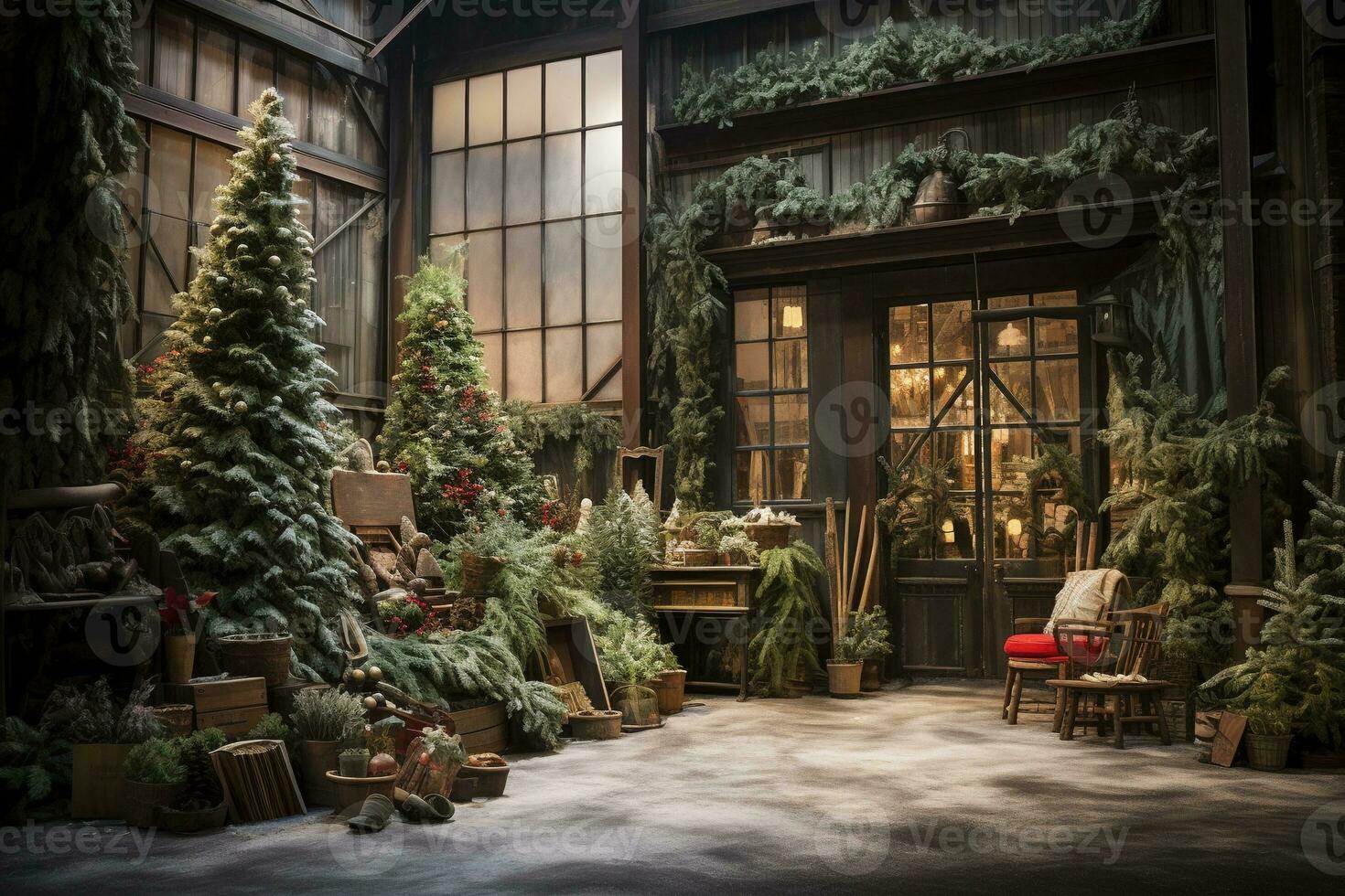 Generative AI, Christmas interior rural background, Santa Claus rustic workshop photo