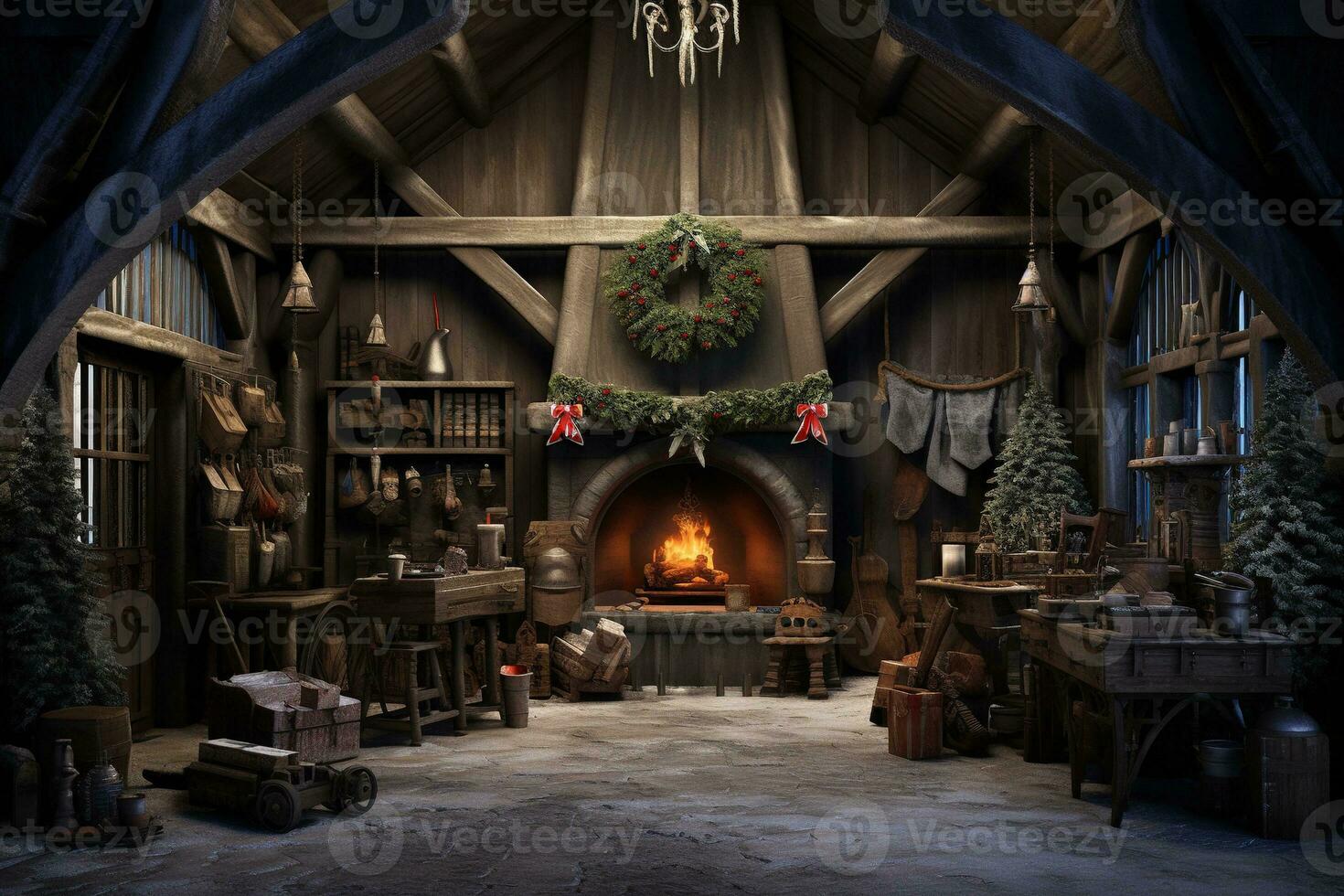 Generative AI, Christmas interior rural background, Santa Claus rustic workshop photo