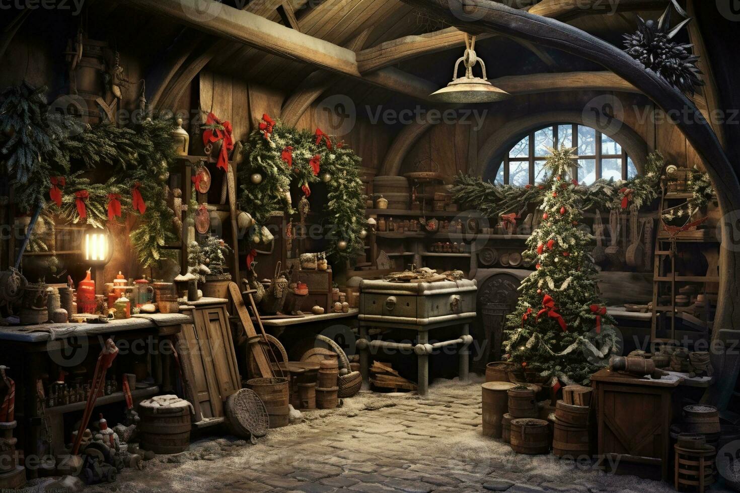 Generative AI, Christmas interior rural background, Santa Claus rustic workshop photo