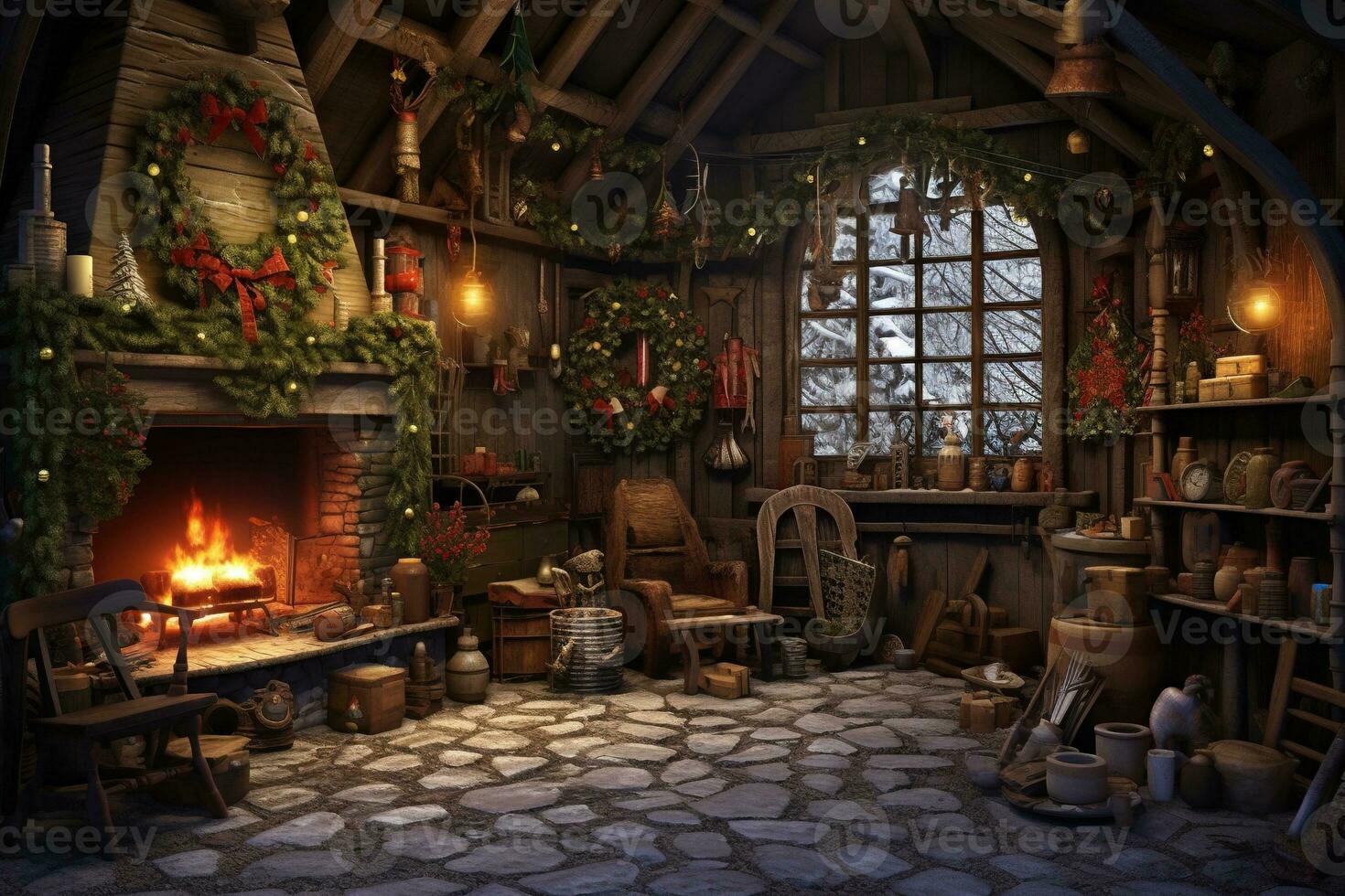 Generative AI, Christmas interior rural background, Santa Claus rustic workshop photo