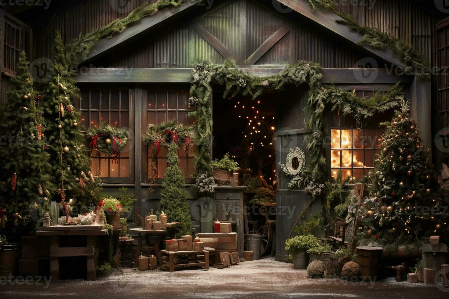 Generative AI, Christmas interior rural background, Santa Claus rustic workshop photo