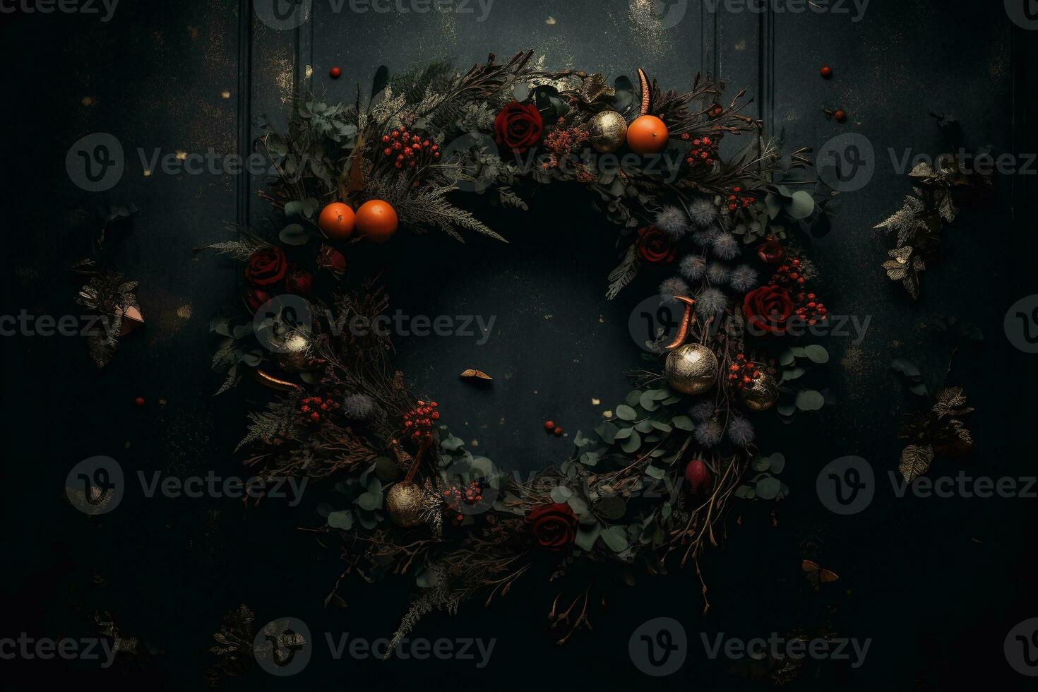 Generative AI, Close up Christmas wreath, dried branches, red berries, pine, balls and flowers on dark moody floral textured background. photo