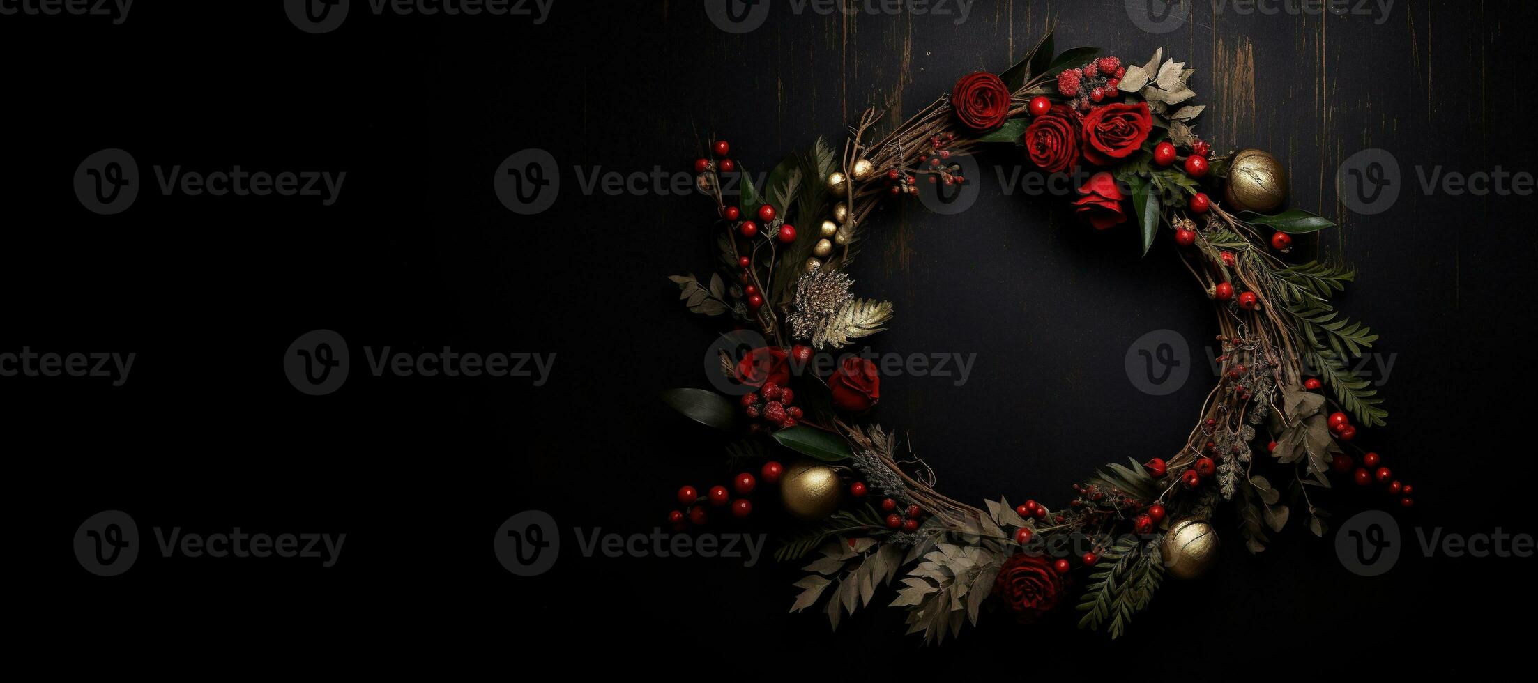 Generative AI, Close up Christmas wreath, dried branches, red berries, pine, balls and flowers on dark moody floral textured background. photo