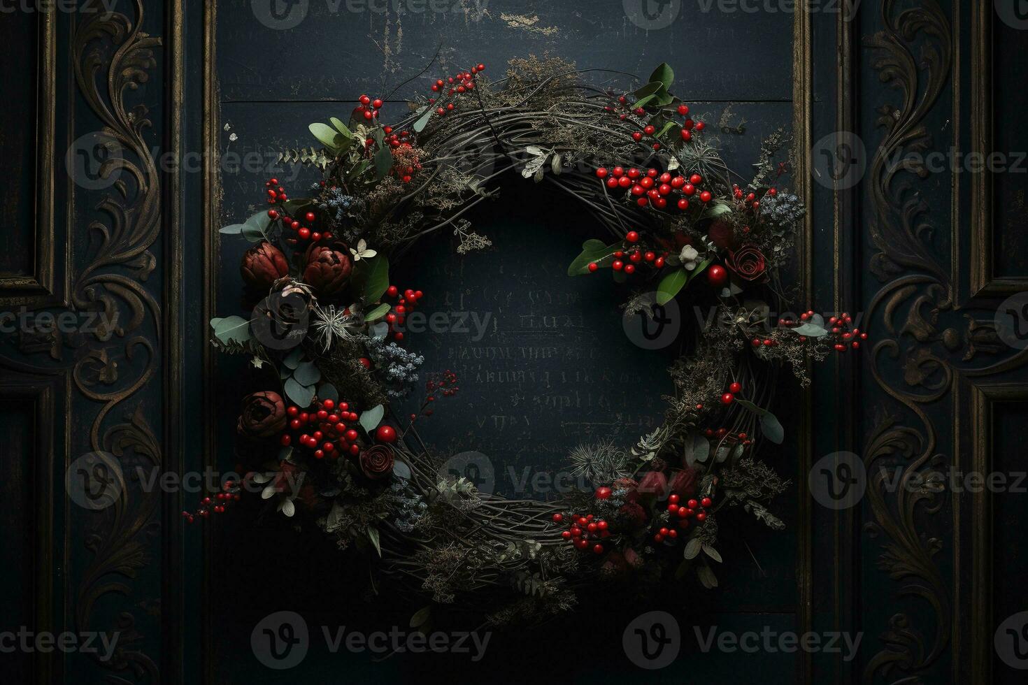 Generative AI, Close up Christmas wreath, dried branches, red berries, pine, balls and flowers on dark moody floral textured background. photo