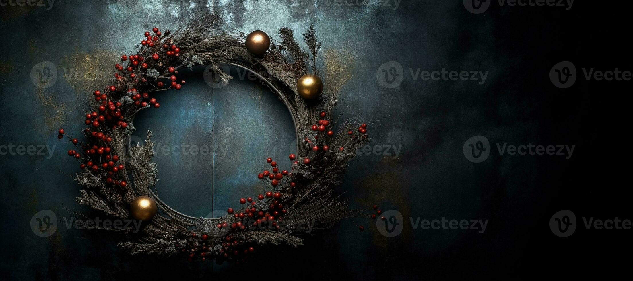 Generative AI, Close up Christmas wreath, dried branches, red berries, pine, balls and flowers on dark moody floral textured background. photo