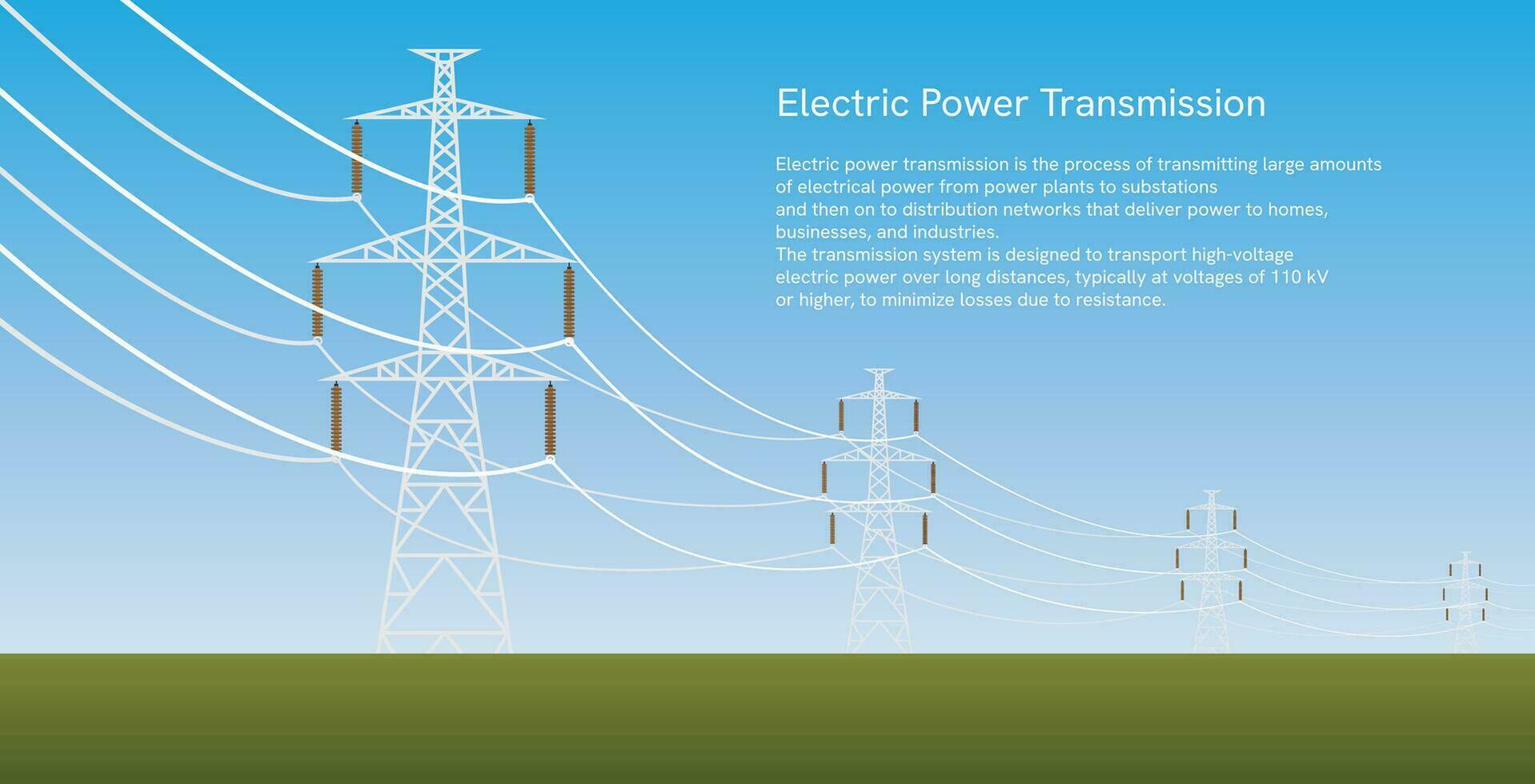 High-voltage pylons, electric towers in field with bright sky, flat vector background.