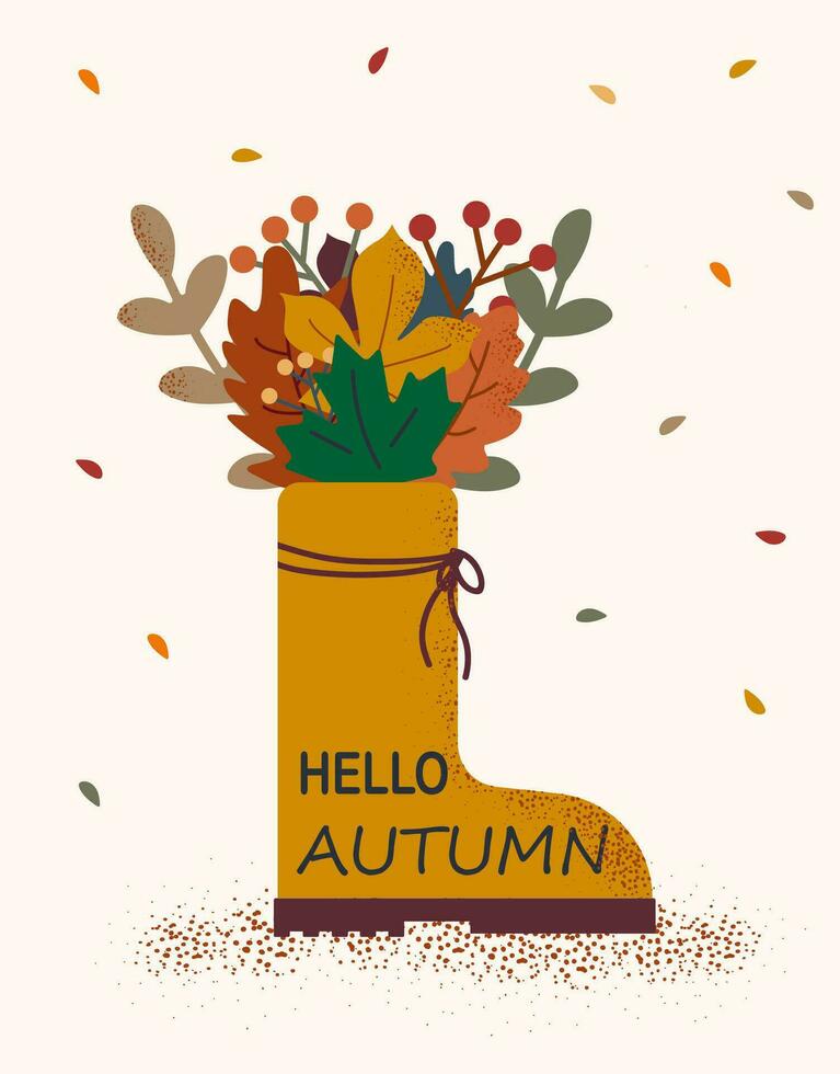 Hello, Autumn. Bouquet of fallen leaves in a rubber boot. Vector .Autumn background with fallen leaves