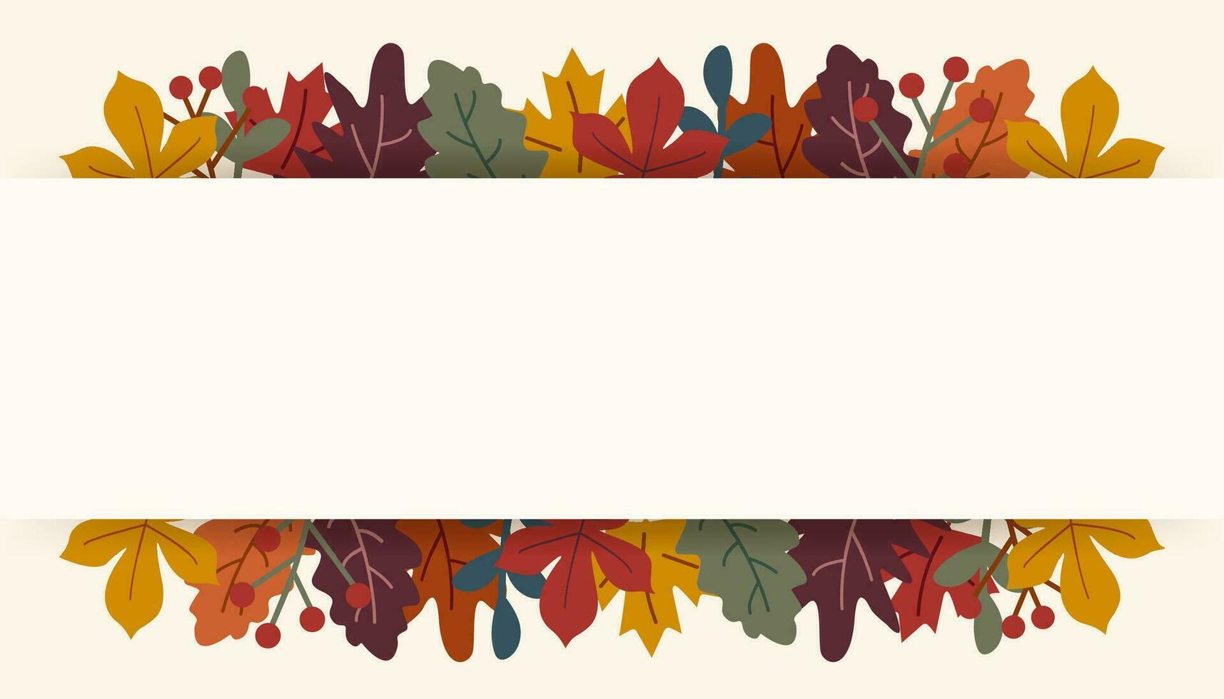 Autumn seasonal background with border made of fallen autumn golden, red and orange colored leaves isolated on white background with place for text. Vector illustration