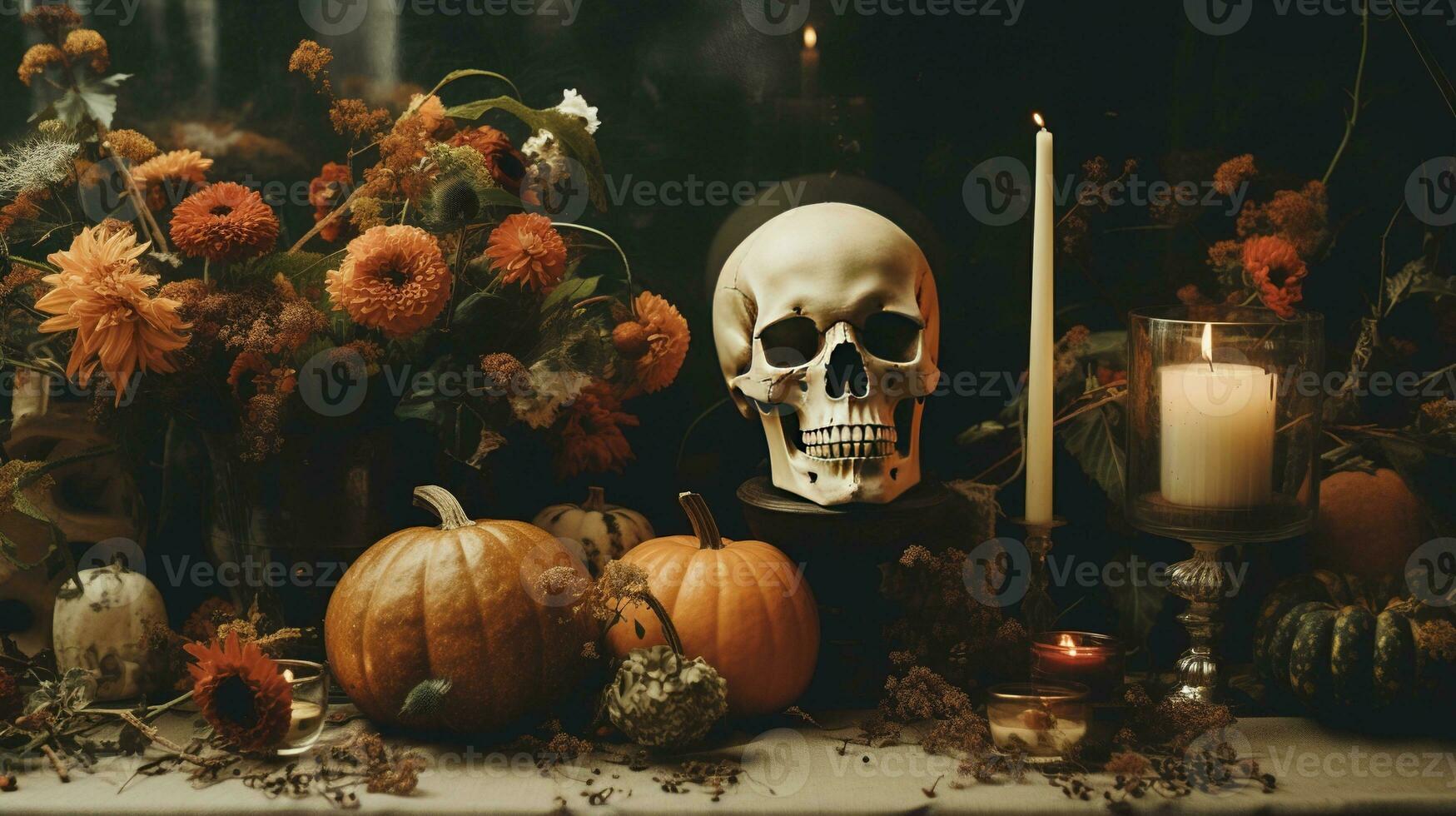 Generative AI, Halloween background with skull, flowers and feathers in boho style, muted neutral colors, home decoration photo