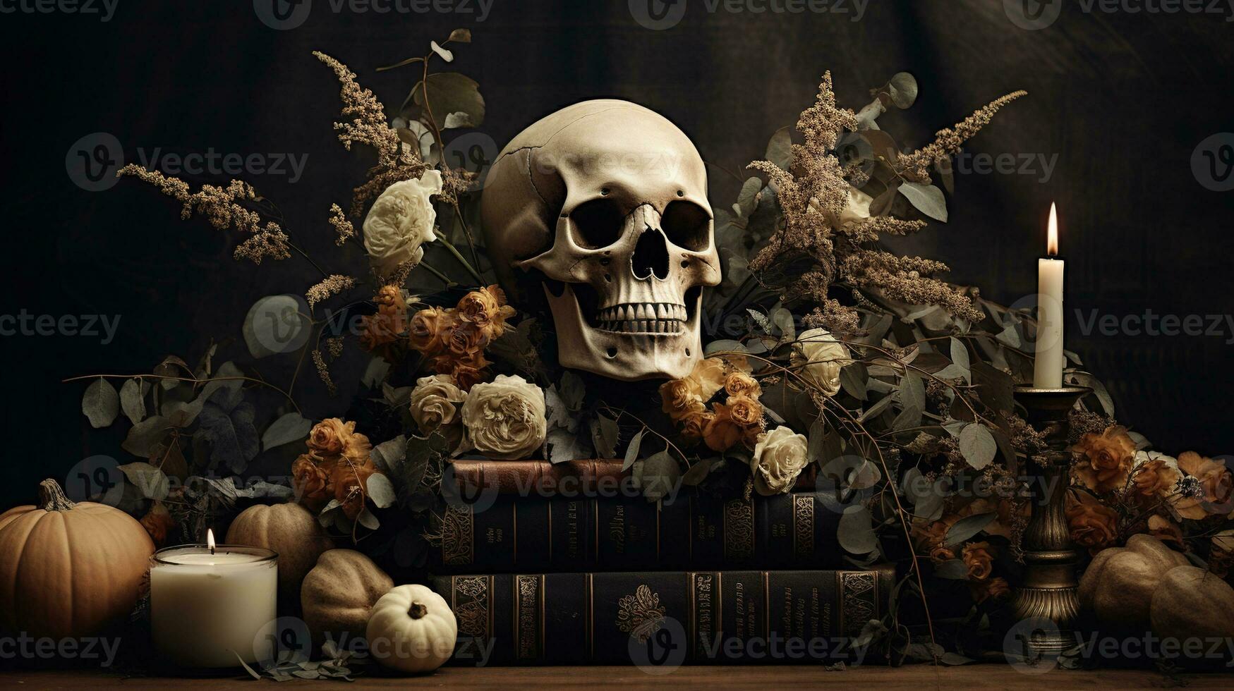 Generative AI, Halloween background with skull, flowers and feathers in boho style, muted neutral colors, home decoration photo