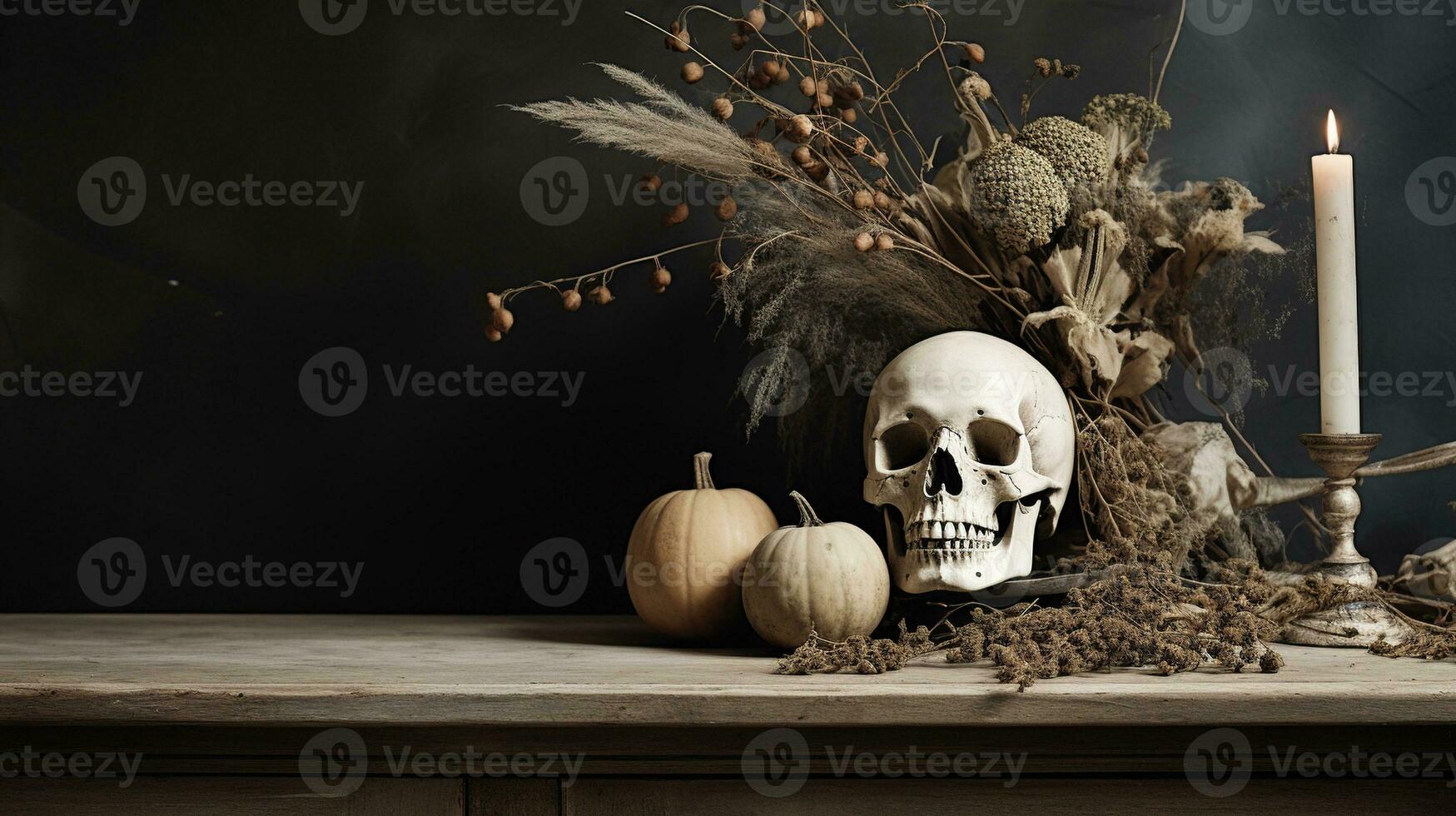 Generative AI, Halloween background with skull, flowers and feathers in boho style, muted neutral colors, home decoration photo