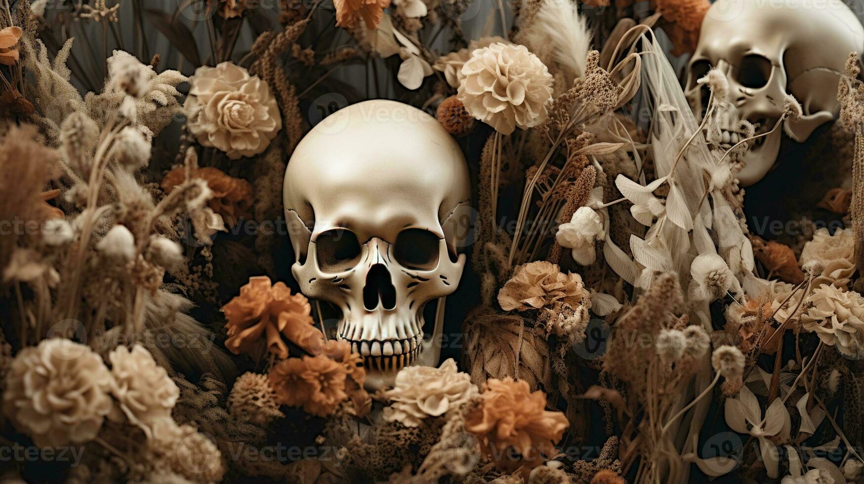 Generative AI, Halloween background with skull, flowers and feathers in boho style, muted neutral colors, home decoration photo