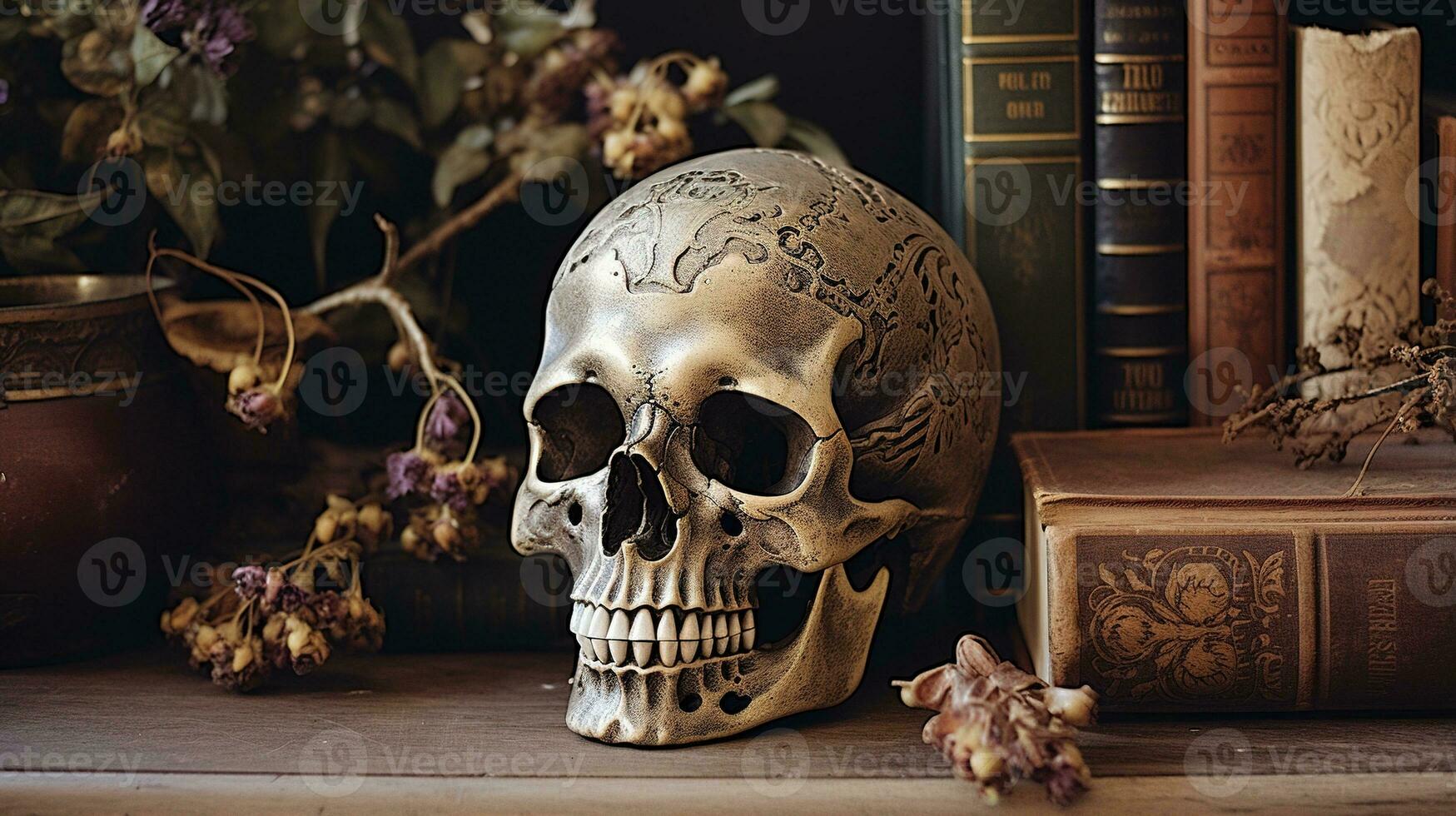 Generative AI, Halloween background with skull, flowers and feathers in boho style, muted neutral colors, home decoration photo