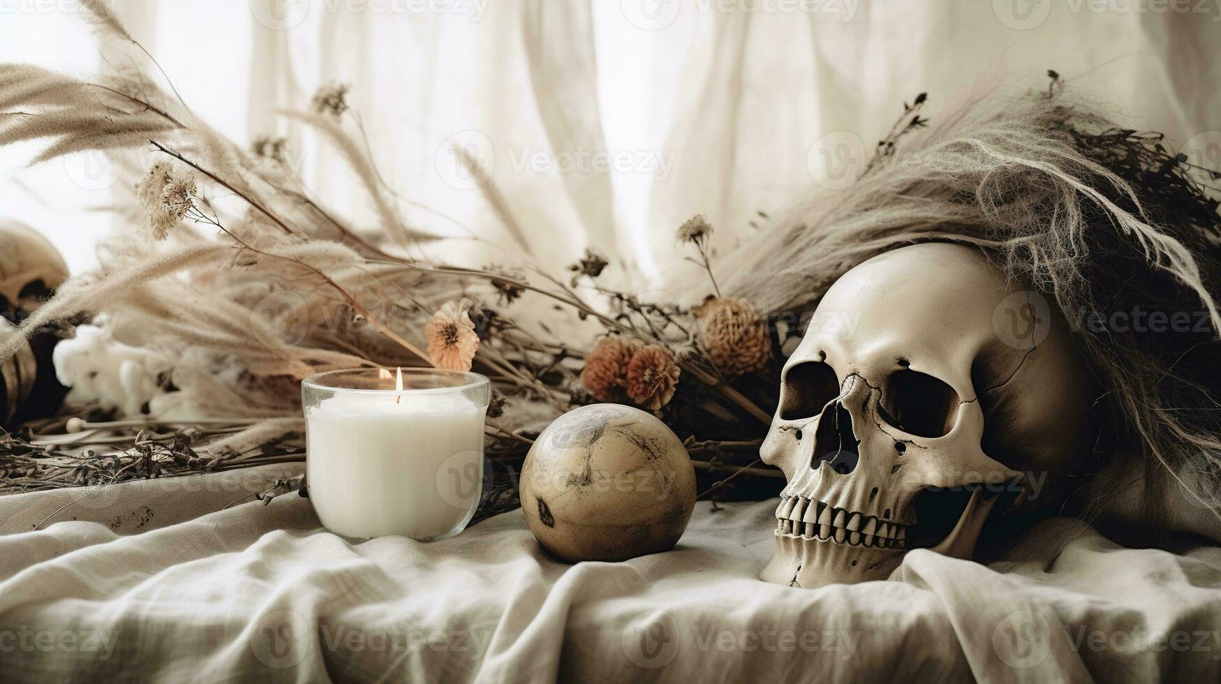 Generative AI, Halloween background with skull, flowers and feathers in boho style, muted neutral colors, home decoration photo