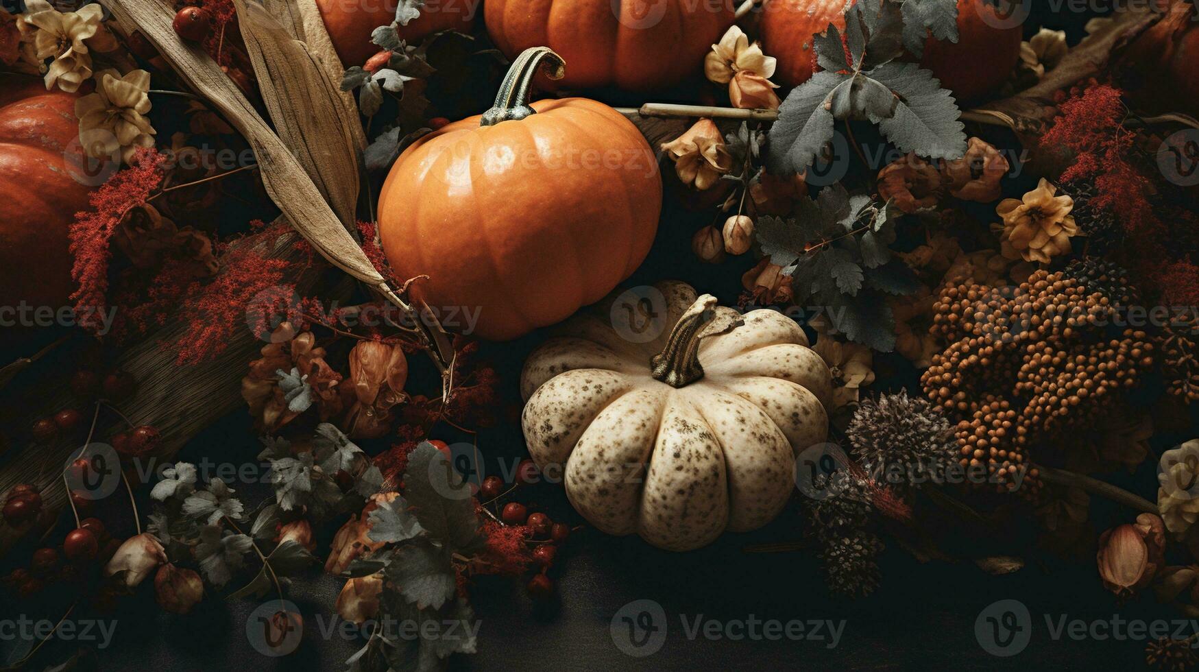 Generative AI, Halloween and Thanksgiving decoration for home and celebration concept, pumpkins and plants, autumn background photo