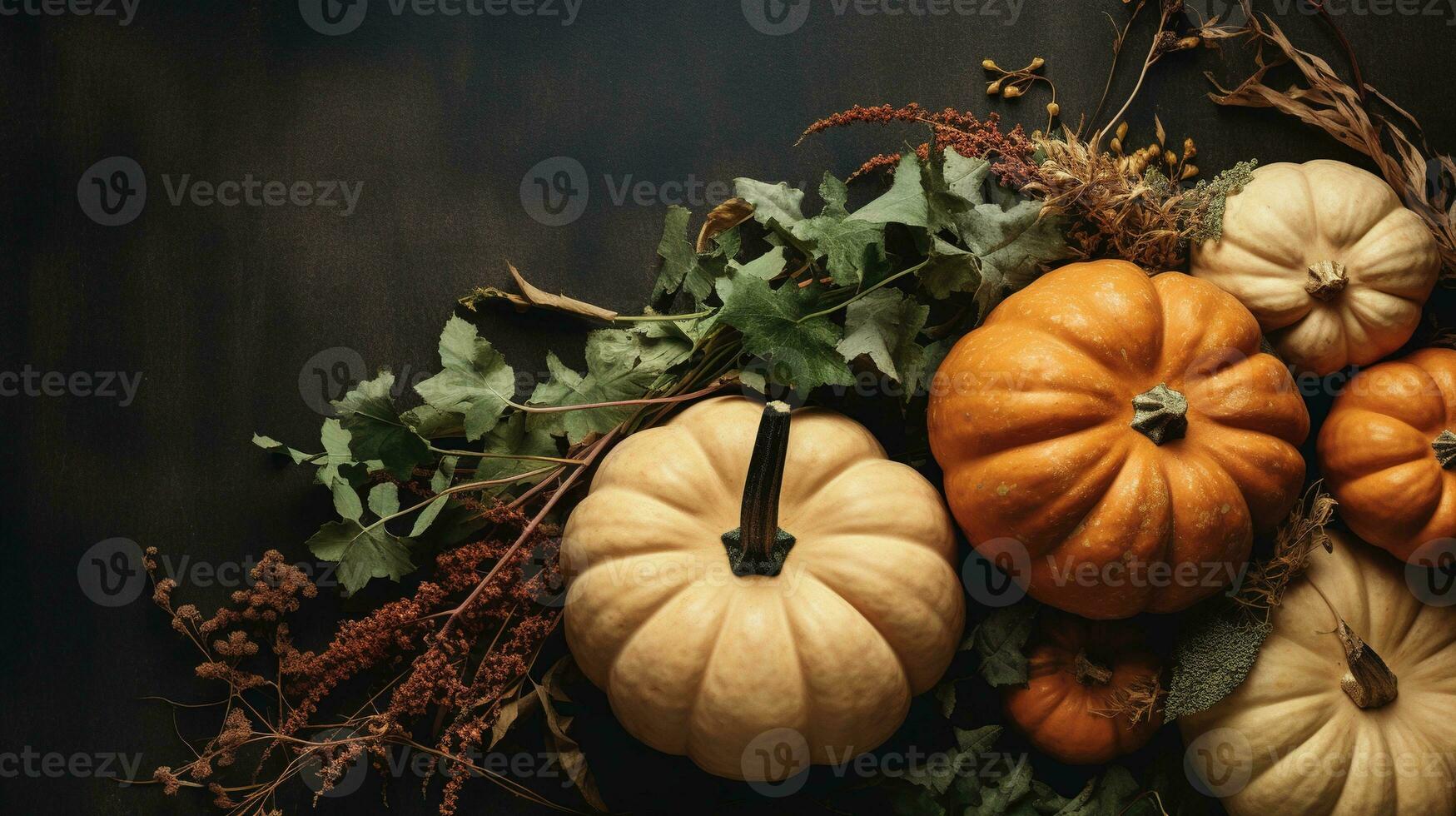 Generative AI, Halloween and Thanksgiving decoration for home and celebration concept, pumpkins and plants, autumn background photo